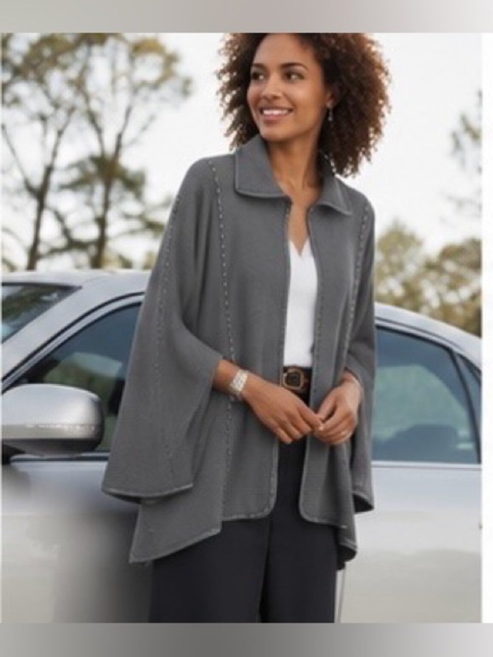 NWT Patricia Nash Charcoal Gray Knit Cape Sweater Poncho Whipstitch Trim XL/1XL